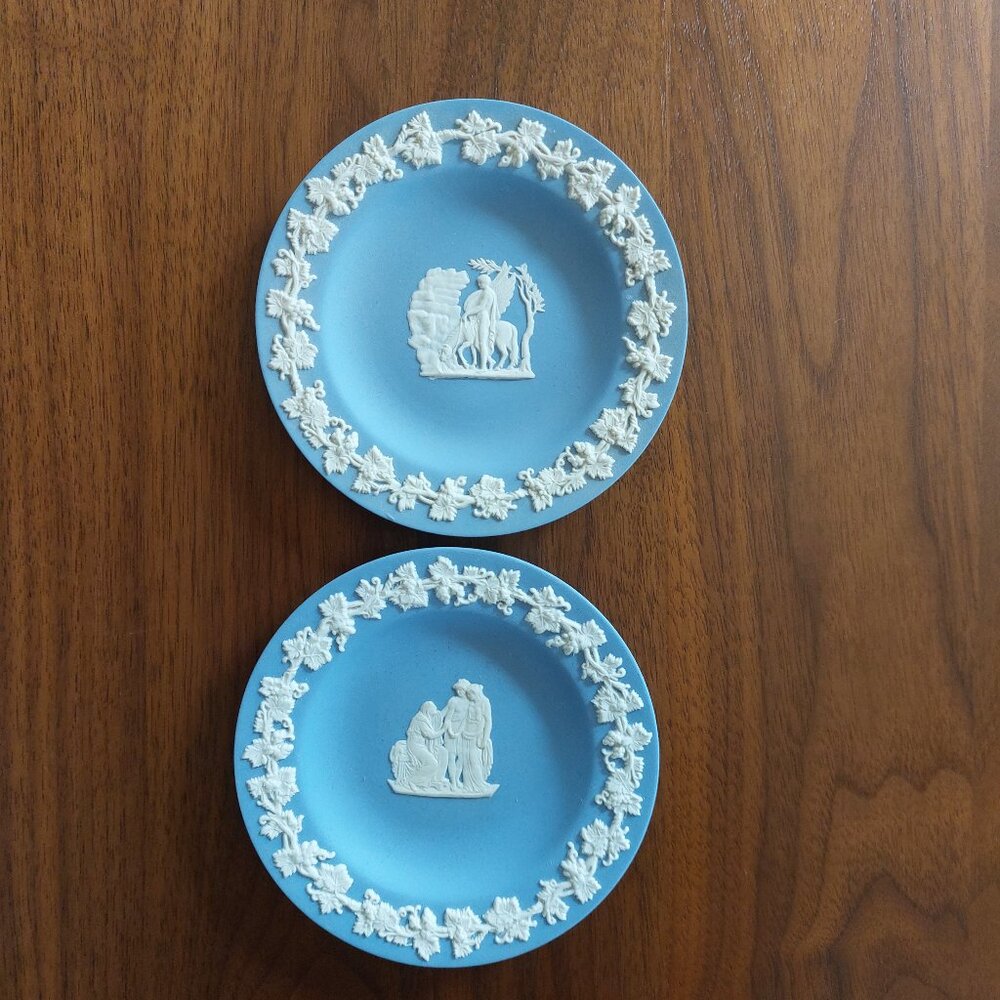 Two Round Dusty Blue Wedgewood Jasperware Dishes